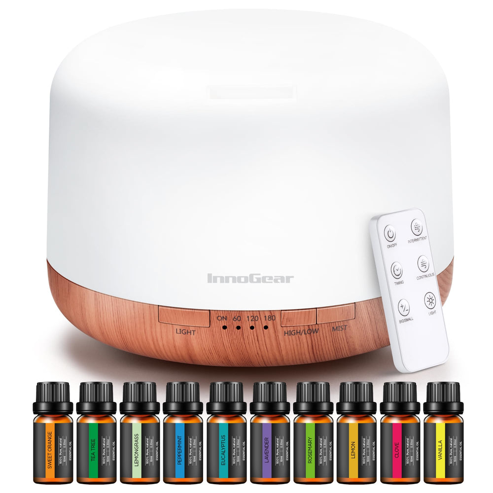 InnoGear diffuser 500 ml yellow emits soft mist for cozy room ambiance.