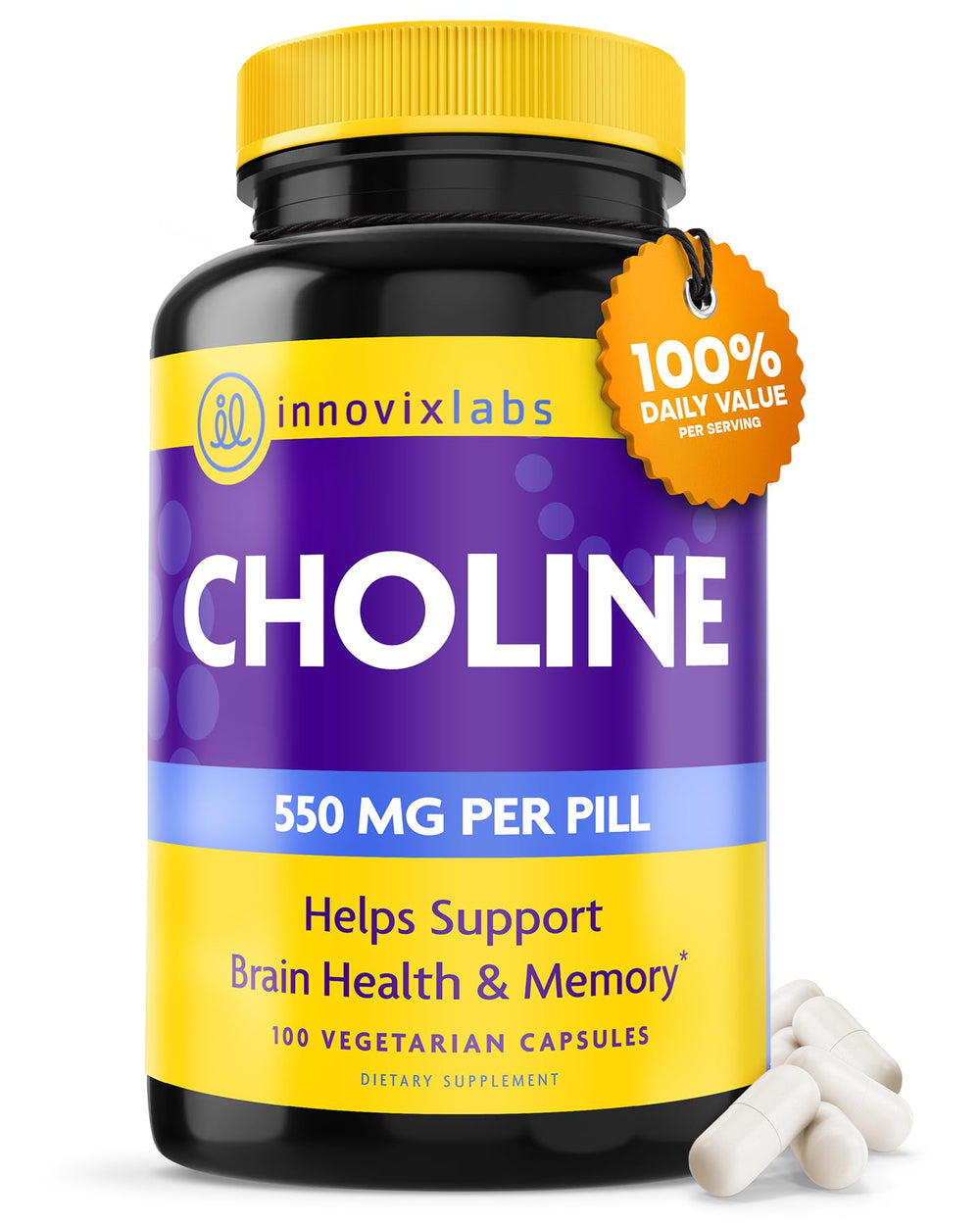 InnovixLabs Choline bottle with 550mg label for daily brain support.
