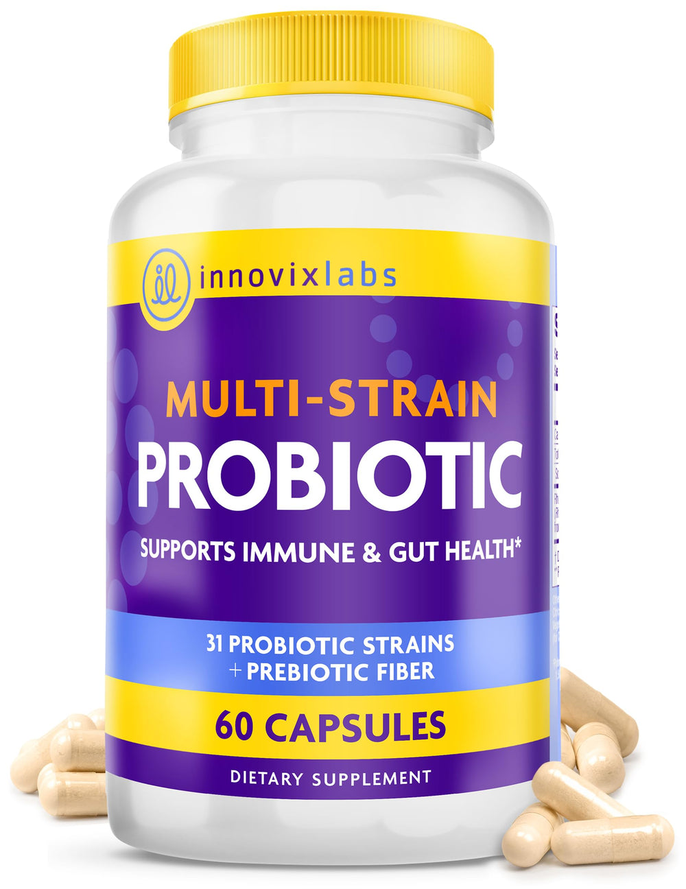 InnovixLabs Multi-Strain Probiotics bottle with capsules for daily gut support.