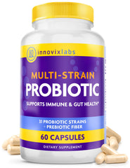 InnovixLabs Multi-Strain Probiotics bottle with capsules for daily gut support.