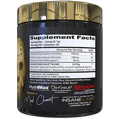 Insane Veinz Gold bottle pouring ready-to-mix pre workout.