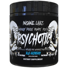 Insane Labz Psychotic Black Edition Blue Raspberry tub ready for a powerful training session with clean energy