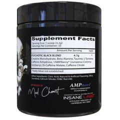 Psychotic Black Edition canister close-up showing Blue Raspberry flavor and energized vibe.
