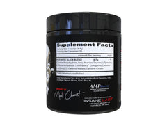 Closeup of Psychotic Black Edition label and scoop highlighting mid-stimulant formula for steady focus