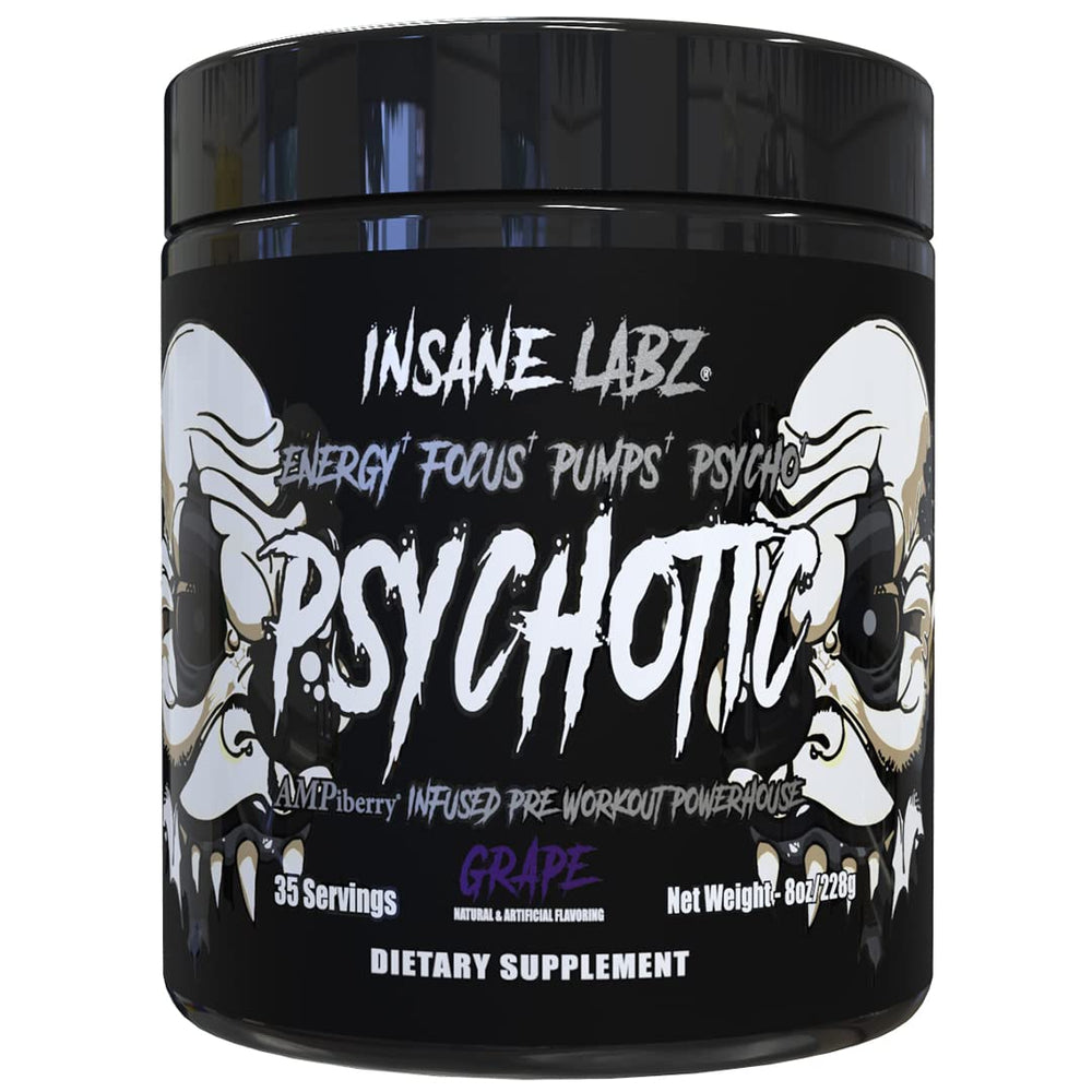 Insane Labz Psychotic Black Edition powder jar with AMPiberry for sustained energy.