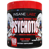 Insane Labz Psychotic bottle front shows bold energy cues and vibrant Fruit Punch flavor.