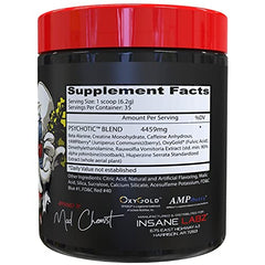 Insane Labz Psychotic bottle label emphasizing flavors and energy boost.