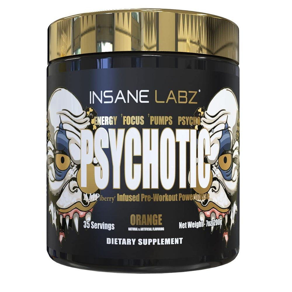 Insane Labz Psychotic Gold label closeup showing high-stimulant energy and focus.