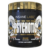 Insane Labz Psychotic Gold label closeup showing high-stimulant energy and focus.