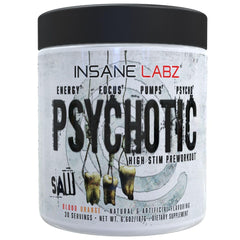 Insane Labz Psychotic Saw Blood Orange tub with vibrant flavor and energy potential.
