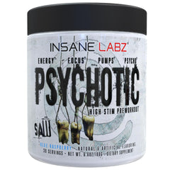 Insane Labz Psychotic SAW blue raspberry canister ready for intense workouts.