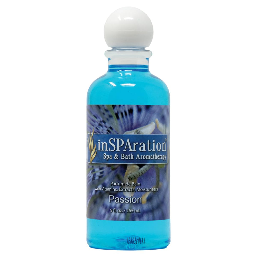 InSPAration Passion spa fragrance bottle for baths and hot tubs enhances ambiance.