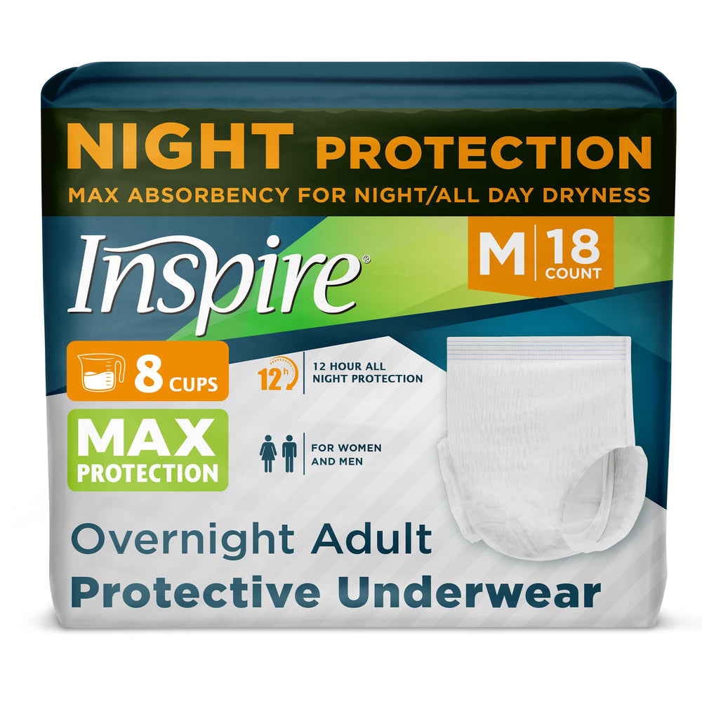 Inspire adult diapers with max absorbency core illustrated for all-day protection.