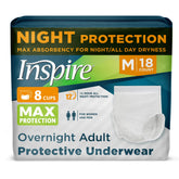 Inspire adult diapers with max absorbency core illustrated for all-day protection.