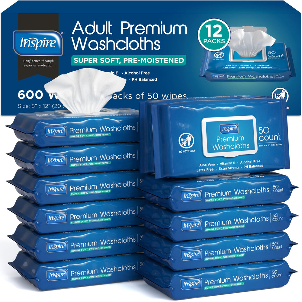 Inspire adult wipes with aloe for gentle cleansing on oversized 8x12 inch cloths
