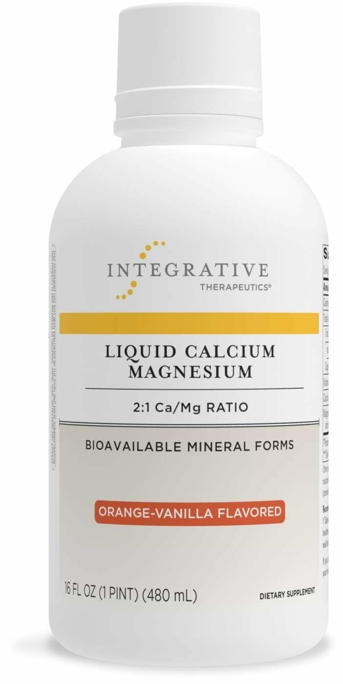 Integrative Therapeutics liquid calcium magnesium bottle highlights the 2:1 ratio for bone-supporting nutrients.