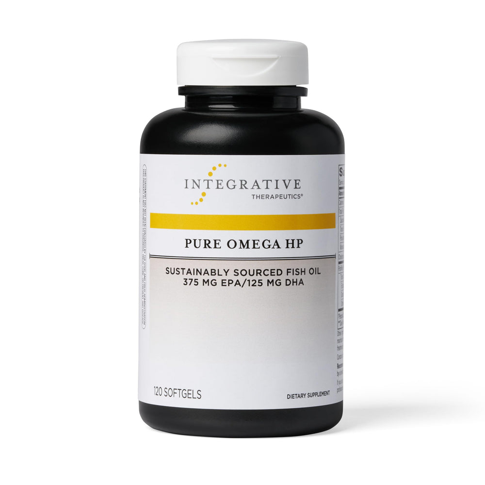 Integrative Therapeutics Pure Omega HP bottle close-up highlighting heart health support.