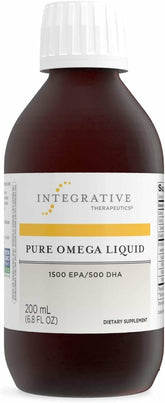 Integrative Therapeutics Pure Omega Liquid lemon bottle close-up, burpless consumption