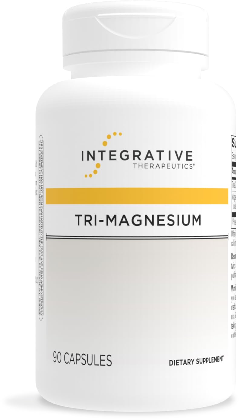 Integrative Therapeutics Tri-Magnesium bottle shows 90 capsules for daily mineral support.