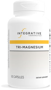 Integrative Therapeutics Tri-Magnesium bottle shows 90 capsules for daily mineral support.
