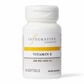 Integrative Therapeutics Vitamin E bottle showing softgels for antioxidant activity support.