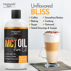 Intentionally Bare MCT Oil being poured into coffee for quick brain energy.