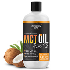 Intentionally Bare Pure C8 MCT Oil bottle close-up highlighting purity for clean energy.