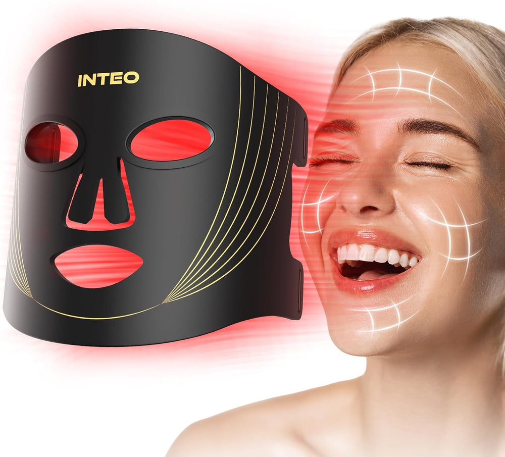 INTEO red light therapy mask front view with three-mode LED panel for facial care.