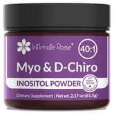 Intimate Rose Inositol powder bottle demonstrates a pure vegan formula for hormonal balance support.