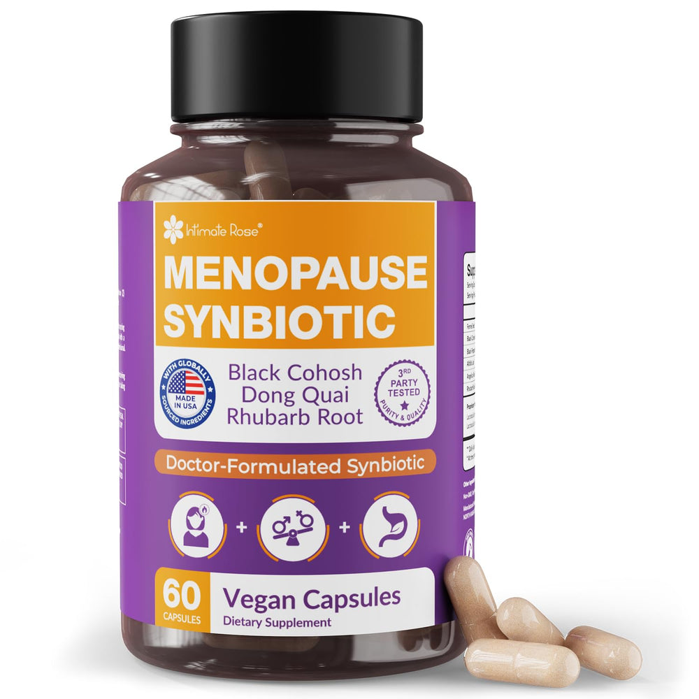 Intimate Rose synbiotic bottle showcases vegan capsules for menopause support.