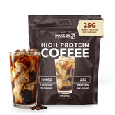INVIGOR8 protein coffee powder with scoop and mug showing premium daily energy.