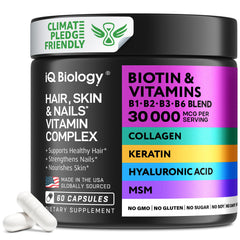 IQ BIOLOGY Biotin hair growth bottle pour supports daily use.