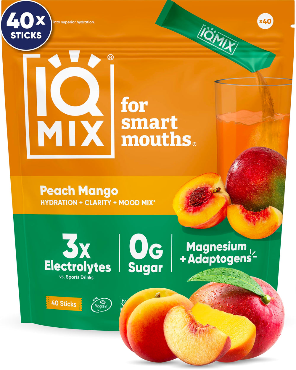 IQBAR IQMIX peach mango packets for on-the-go hydration and focus.