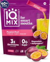 IQMIX hydration packet in passion fruit flavor boosts on-the-go hydration and focus.