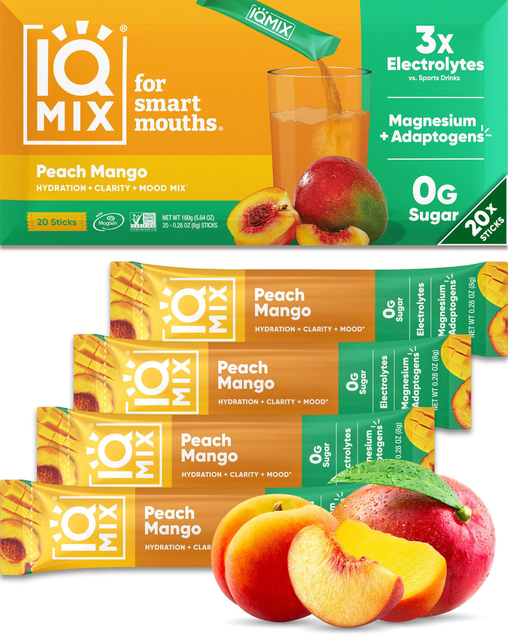 IQMIX peach mango hydration packet ready for on-the-go energy and focus.