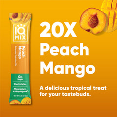 IQMIX peach mango packet in hand for convenient travel hydration and workouts.