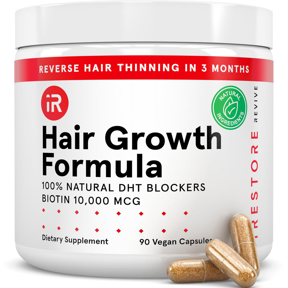 iRestore hair growth supplement bottle emphasizing daily vitamins for healthier-looking hair