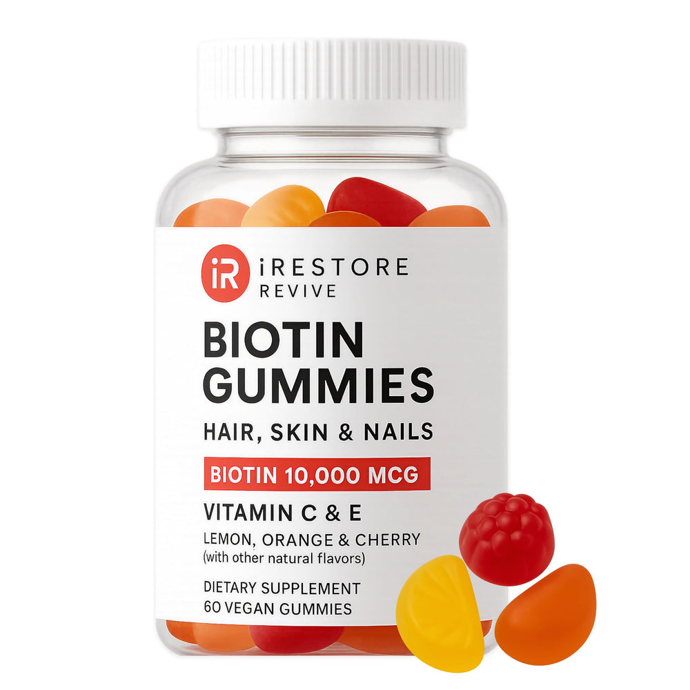 iRestore hair gummy bottle closeup showing vegan biotin support for healthier hair.