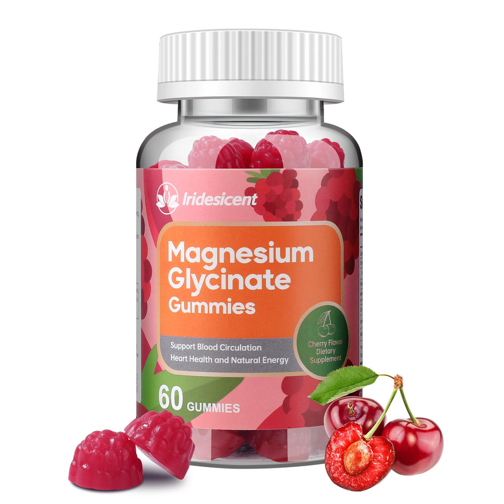 Iridesicent Magnesium Glycinate Gummies bottle front for relaxing evenings.