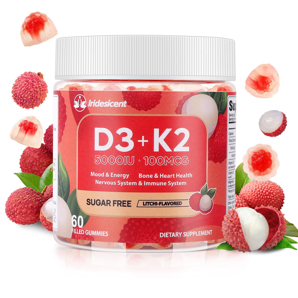 Iridesicent Vitamin D3 K2 Gummies lychee bottle close-up, promoting bone support and daily vitality.