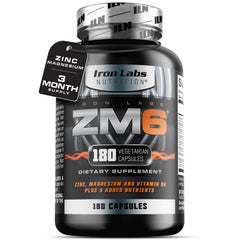 Iron Labs ZM6 bottle front showing three-month supply of zinc magnesium aspartate capsules