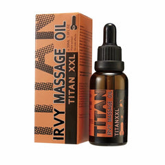 Irvy Titan XXL oil bottle closeup showing premium formula for skin nourishment.