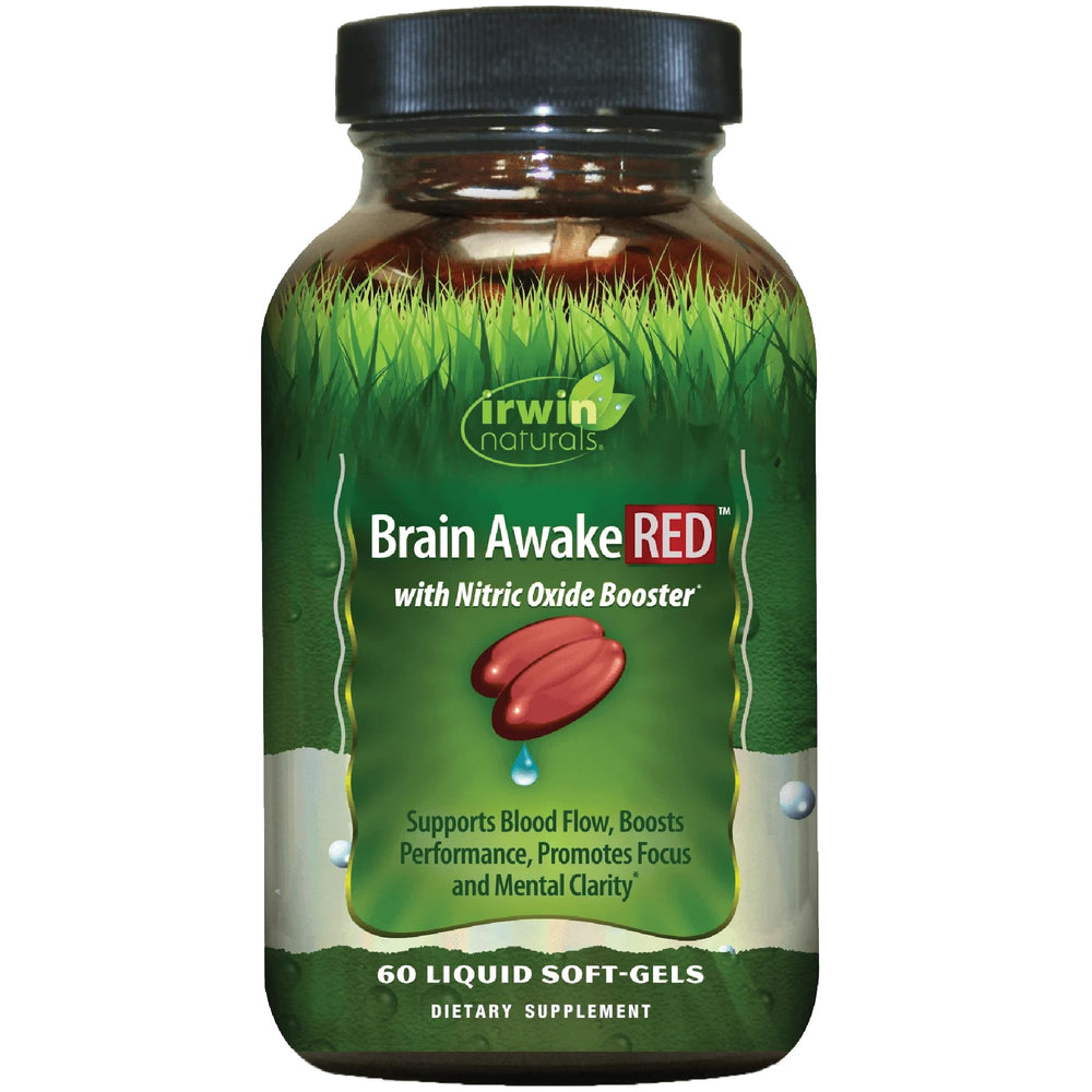 Irwin Naturals Brain Awake RED bottle pour enhances focus and sustained energy