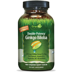 Irwin Naturals Double-Potency Ginkgo bottle shows brain health support in a convenient softgel.