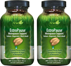 Irwin Naturals EstroPause bottle front with gentle menopause support in liquid soft-gels.