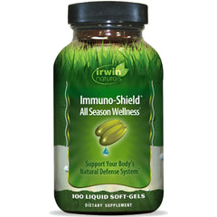 Irwin Naturals Immuno-Shield bottle label showing all-season defense concept.