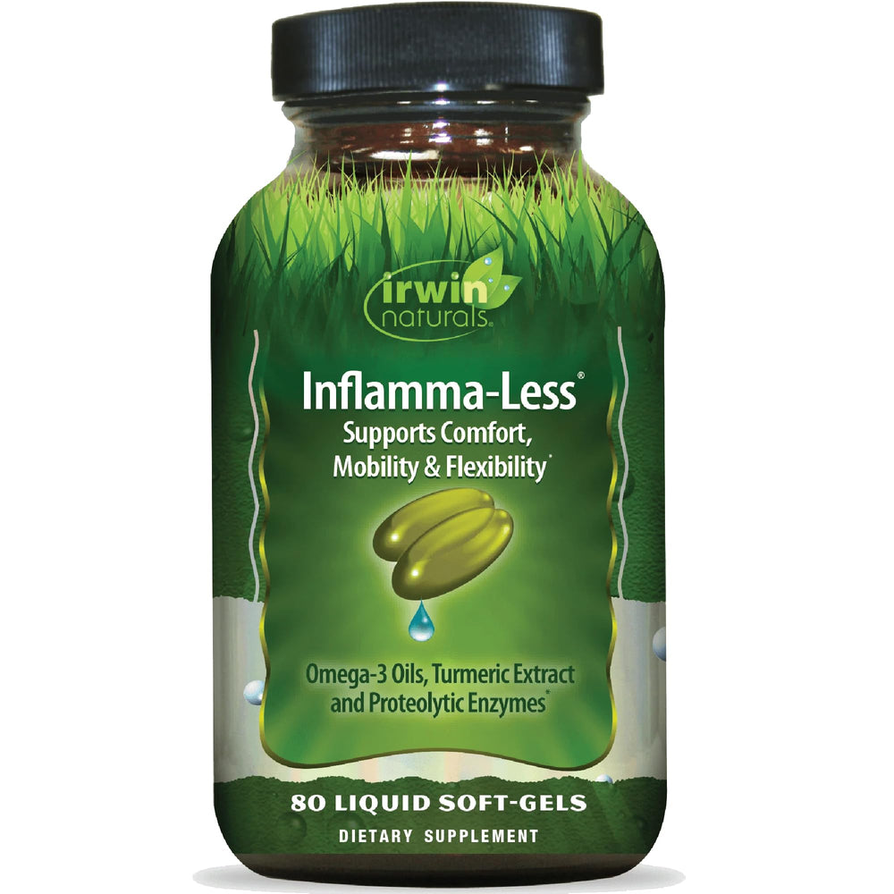 Irwin Naturals Inflamma-Less bottle packaging highlighting natural ingredients for everyday comfort