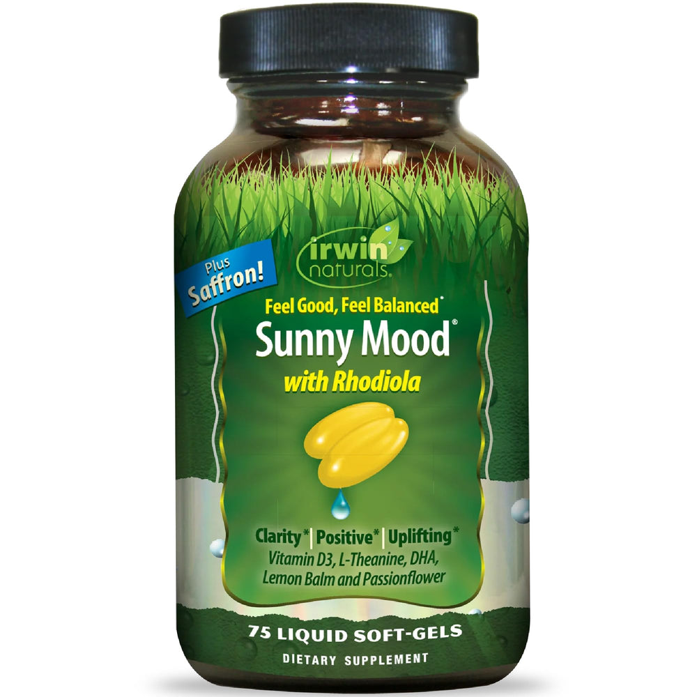Irwin Naturals Sunny Mood softgel bottle promotes balanced mood and calm energy