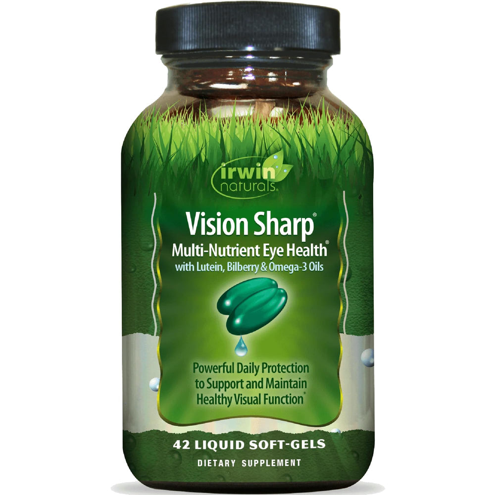 Irwin Naturals Vision Sharp bottle label highlights lutein and omega-3s for eye support.
