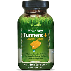 Irwin Naturals Whole-Body Turmeric+ bottle pouring for easy daily use and potential antioxidant support.